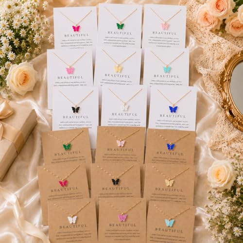 Rrdaily 9 Pcs Dainty Colorful Butterfly Pendant Necklace Set for Women,Bohemian Acrylic Butterfly Chain Necklace Cute Jewelry Gift - style: White Brown