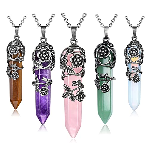 Top Plaza Flower Wrapped Natural Quartz Gemstone Crystal Necklace | Antique Silver Healing Crystal Gemstone Necklaces for Women Mothers Day Mom Gifts - color: 5pcs/set