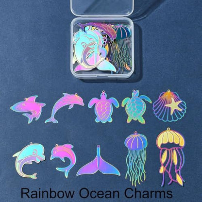 8-64Pcs Silver Goldern Color Heart Pendants Charms 10 Styles Heart Stainless Steel Metal Charms for Jewelry Making Crafting Necklaces Bracelets Earrings Keychains Birthday Gift - color: Rainbow Marine Organism-20 pcs