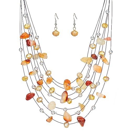Multi-Layer Boho Shell Beaded Necklace for Women Colorful Crystal Strand with Silver Beads Statement Collars Necklace and Earrings Costumes Jewelry Sets for Women - color: 48-Agate red
