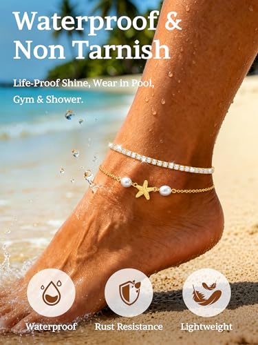 2 PCS Anklets for Women 14K Gold/Silver Plated Dainty Anklet Set | Non Tarnish Waterproof Brass Ankle Bracelet, Hypoallergenic Stackable Layered Chain Set, Adjustable Beach Summer Jewelry Gift - style: Style5