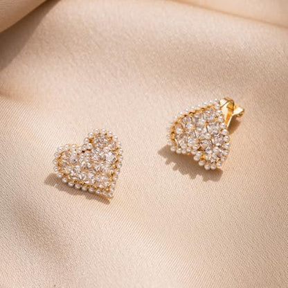 YOQUCOL Simulated Pearl Flower-Cluster Shape Clip On Stud Earrings Non Pierced Ear Earrings for Women - color: Heart-B