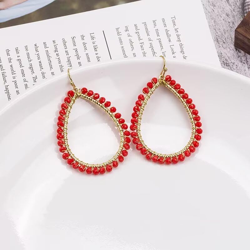 Bohemia Multilayer Stackable Beaded Bracelets Earrings Set Colorful Sparkly Crystal Beaded Stretch Bracelets Teardrop Earrings for Women Men Summer Beach Boho Vacation Jewelry - color: Red