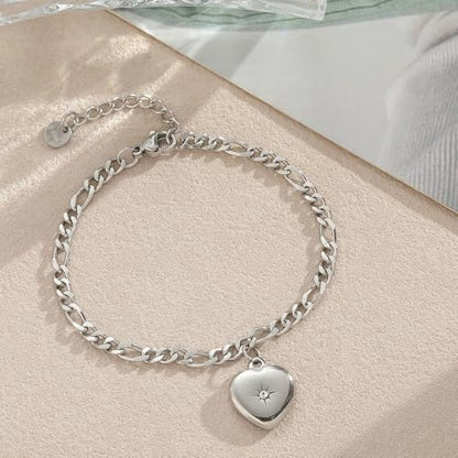 10 PCS Bracelets for Women Stainless Steel Chain Link Bracelet Set | 6.7 Inches with Extender, Jewelry Gifts for DIY, Chains Bulk, Oval, Curb, Figaro Chains, 18K Gold Plated, Silver, Chunky - color: Figaro Silver
