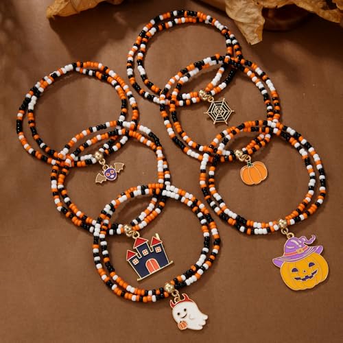 Heishi Surfer Clay Bead Bracelets Set for Women - Preppy Smile Evil Eye Beaded Stretch Bracelets Elastic Layering Friendship Bracelets- Stackable Boho Disc Summer Jewelry Set - color: Halloween Bracelets -6pc layer B