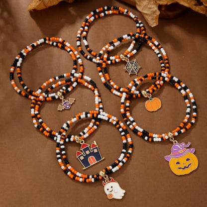 Heishi Surfer Clay Bead Bracelets Set for Women - Preppy Smile Evil Eye Beaded Stretch Bracelets Elastic Layering Friendship Bracelets- Stackable Boho Disc Summer Jewelry Set - color: Halloween Bracelets -6pc layer B