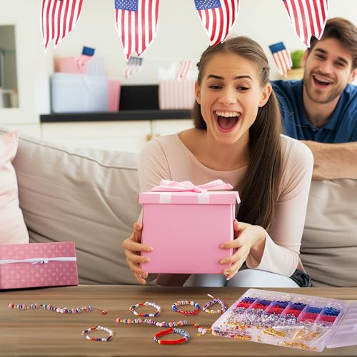 Goldwise 2958 Pcs 4th of July Red White and Blue Beads Bracelet Making Kit with Clay Beads Glass Seed Beads Tattoo Stickers, Patriotic Beads for Jewelry Making with Letter Beads and Charms - size: 4th of July