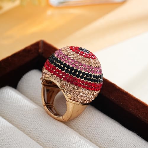 Gold Snowball Rhinestone Cocktail Ring – Adjustable Stretch Sparkling Party Jewelry for Women, Elegant Costume Ring for Evening Wear, Wedding, Prom - color: Color mixing