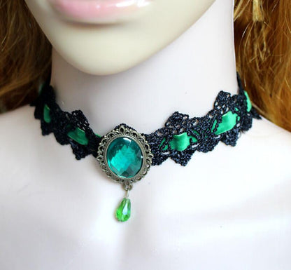 CSIYANJRY99 Gothic Choker Necklace for Women Halloween Red Crystal Vampire Choker Steampunk Lace Choker Witch Costume Accessories - style: Green