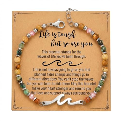 Natural Stone Beaded Bracelet for Women with Wave/Cross Charm - Stainless Steel Adjustable Resilience & Faith Jewelry, Earthy Boho Gift for Her - color: Silver-Wave
