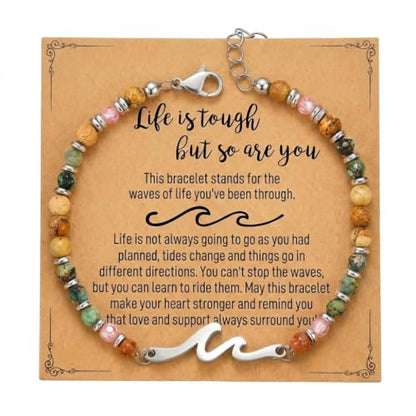 Natural Stone Beaded Bracelet for Women with Wave/Cross Charm - Stainless Steel Adjustable Resilience & Faith Jewelry, Earthy Boho Gift for Her - color: Silver-Wave