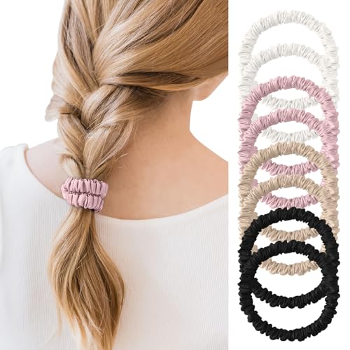 8Pcs Mulberry Silk Scrunchies Set, Silk Hair Ties Elastic for Women, Skinny Scrunchies Reduces Breakage for All Hair Types Srevelacrunchies Set Women Curly Thin Hair (Pink,Blonde,White,Black) - color: ColorF: Pink*2,Blonde*2,White*2,Black*2, size: 1 Count