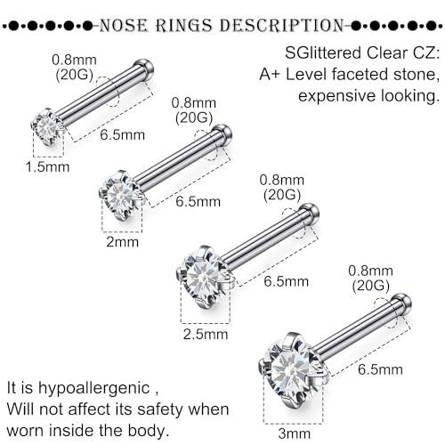 18G 20G 22G Titanium Stainless Surgical Steel Nose Rings Studs for Women L Shaped Nose Studs Screw Nose Ring Piercing Jewelry for Women Men Diamond CZ 1.5mm 2mm 2.5mm 3mm Silver Black Gold - style: 20g/Clear CZ/Straight/Titanium