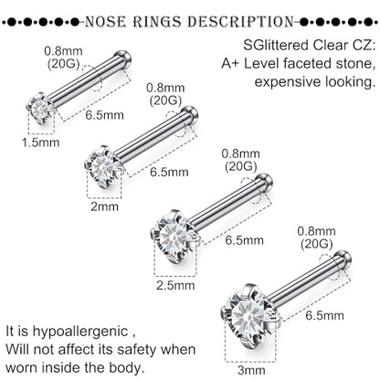 18G 20G 22G Titanium Stainless Surgical Steel Nose Rings Studs for Women L Shaped Nose Studs Screw Nose Ring Piercing Jewelry for Women Men Diamond CZ 1.5mm 2mm 2.5mm 3mm Silver Black Gold - style: 20g/Clear CZ/Straight/Titanium