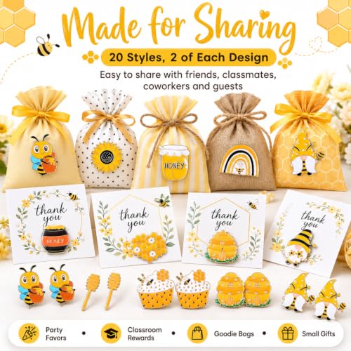 Giegxin 40 Pcs Bee Enamel Pins Bulk, 20 Styles 2 of Each, Cute Lapel Pin Set with Sunflower Gnome Honeycomb Designs for Backpacks Jackets Hats Bags, Party Favors Gifts for Women and Girls - style: Bee
