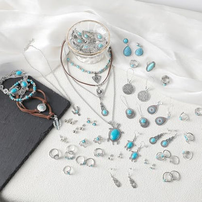 88 Pcs Mystery Jewelry Jar for Women, Boho Turquoise Surprise Jewelry Box with Necklaces Bracelets Rings Earrings and Belt Chain, Multi Style Alternative Romantic Present for Her Party - color: Turquoise