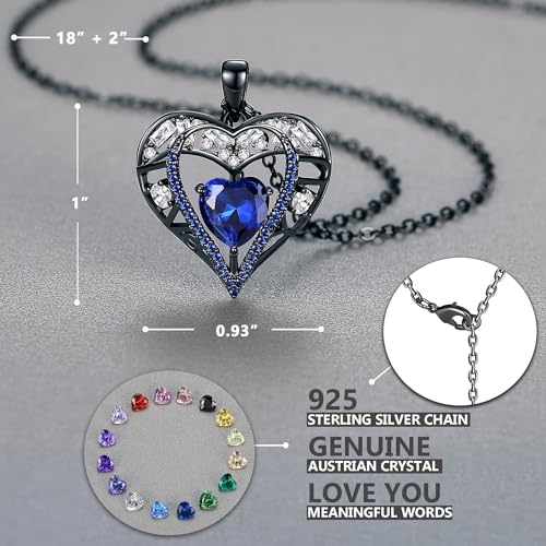 5 Heart I Love You Necklace for Women, Birthstone Crystal Pendant, Birthday Gift for Her, Wife, Mom, Rose Gold or Gunmetal Plated, 925 Sterling Silver Chain 18"+2" - color: 19-September-Sapphire Blue-GunMetal Plated