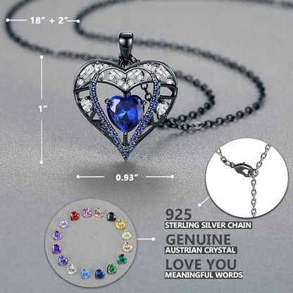 5 Heart I Love You Necklace for Women, Birthstone Crystal Pendant, Birthday Gift for Her, Wife, Mom, Rose Gold or Gunmetal Plated, 925 Sterling Silver Chain 18"+2" - color: 19-September-Sapphire Blue-GunMetal Plated