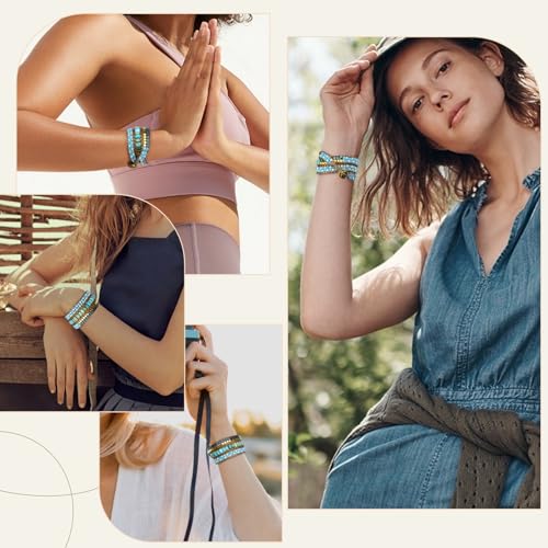 JR.DM Boho Beaded Bracelets for Women - Handmade Adjustable Crystal Natural Stone Bead Wrap Bracelets, Bohemian Jewelry Braided for Unique Birthday Gifts - color: A5 Turquoise