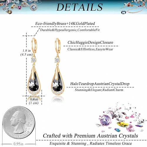 Trendy Austrian Crystal Teardrop Drop Huggie Dangle Earrings for Women 14k Rose Gold Plated Hypoallergenic Jewelry Gifts - color: Black