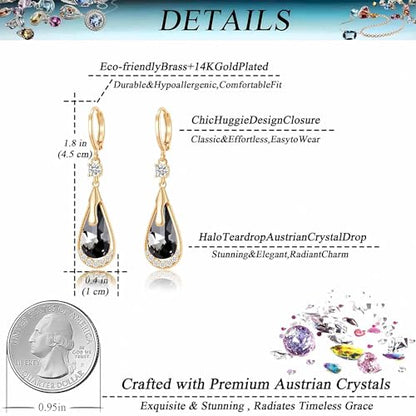 Trendy Austrian Crystal Teardrop Drop Huggie Dangle Earrings for Women 14k Rose Gold Plated Hypoallergenic Jewelry Gifts - color: Black