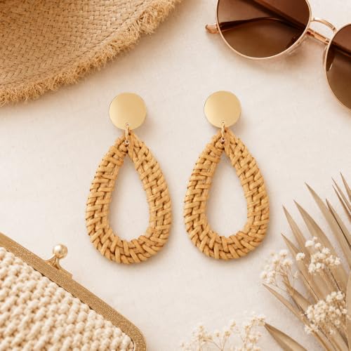Handmade Rattan Teardrop Dangle Earrings for Women, Lightweight Boho Woven Statement Earrings with Gold Fish Hook, Natural Straw Weave Vacation Jewelry for Summer Beach - style: Woven Teardrop Hoop
