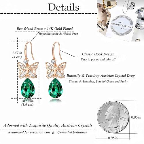 Austrian Crystal Teardrop Butterfly Drop Dangle Earrings for Women 14K Rose Gold Plated Hypoallergenic Jewelry - color: Emerald