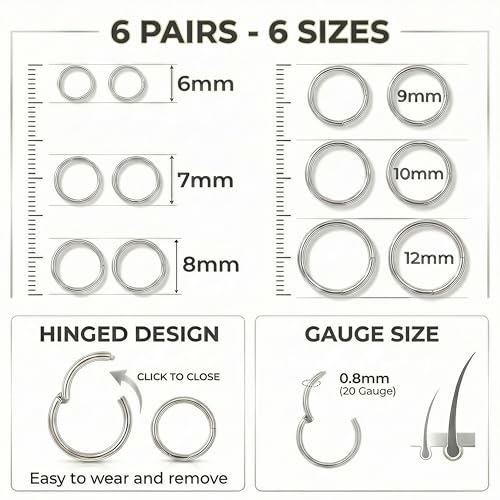 6Pairs Nose Rings Hoops - 316L Surgical Steel Hinged Nose Hoops 16G/18G/20G Clicker Septum Nose Ring Lip Helix Cartilage Hoop Earring Daith Rook Conch Body Piercing Jewelry for Women Men 6mm 7mm 8mm 9mm 10mm 12mm - color: Silver, size: 20 gauge(0.8mm)