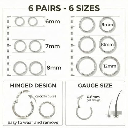 6Pairs Nose Rings Hoops - 316L Surgical Steel Hinged Nose Hoops 16G/18G/20G Clicker Septum Nose Ring Lip Helix Cartilage Hoop Earring Daith Rook Conch Body Piercing Jewelry for Women Men 6mm 7mm 8mm 9mm 10mm 12mm - color: Silver, size: 20 gauge(0.8mm)