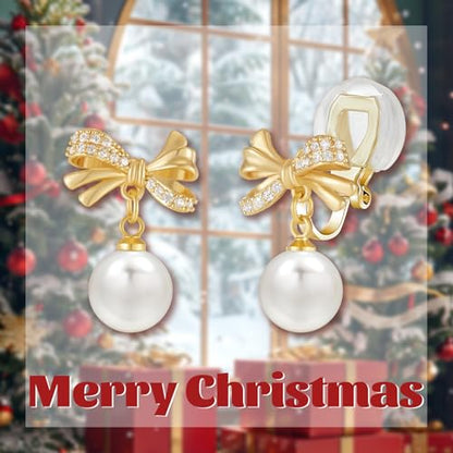 YOQUCOL Golden Bow Clip On Stub,Danle Drop Earrings for Women Simulated Pearl Christmas Xmas Bowknot Non Pierced Earrings - color: Dangle Clip-04