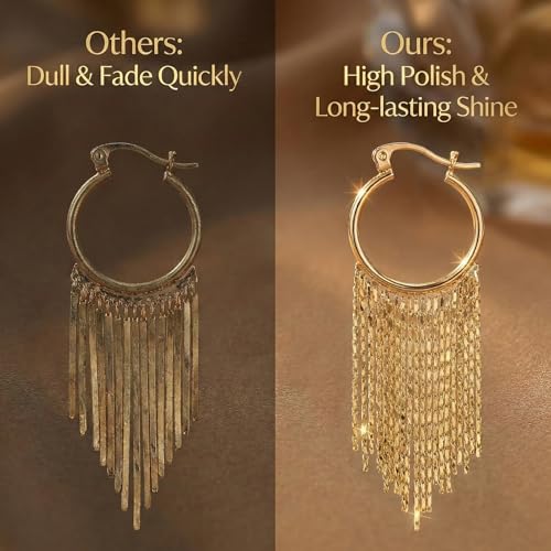 Gold Fringe Earrings for Women - Lightweight Statement Dangle Earrings with Stainless Steel Post, High Polish Long Tassel Drop Jewelry for Prom Wedding - color: Gold