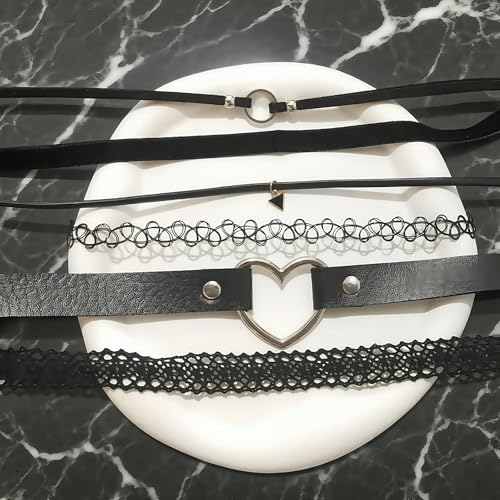 6Pcs Black Gothic Choker Necklace Set, Punk Lace & Leather Collar Necklaces, Vintage Gothic Jewelry for Fashion Outfit Accessories