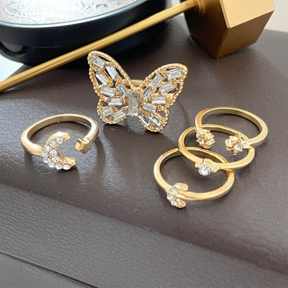 HUASAI Gold Stackable Rings Set for Women Boho Dainty Moon Star Pearl Leaf Cubic Zirconia Heart Midi Pinky Trendy Jewelry Birthday Gifts - color: Y Gold Butterfly Rings 5 Pcs
