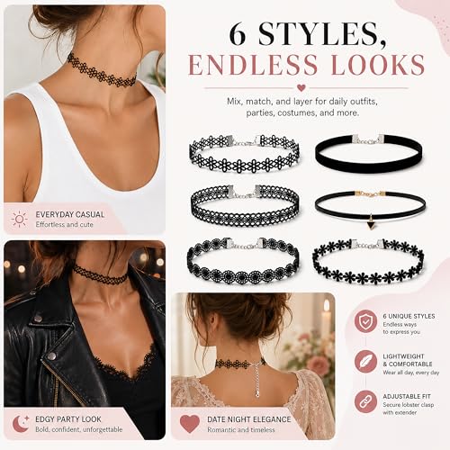6 Pcs Black Choker Necklaces Girl Velvet Choker Set Classic Gothic Tattoo Lace Chokers Adjustable Lace Choker Necklace For Women
