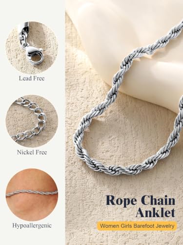 U7 Ankle Bracelets for Women Stainless Steel Waterproof Tarnish Resistant | 18K Gold Plated/Silver/Rose Gold Anklets, Cuban Chain Anklet Bracelets, Perfect for Summer Beach and Vacation Outfits - color: Stainless Steel-3mm-Rope Chain