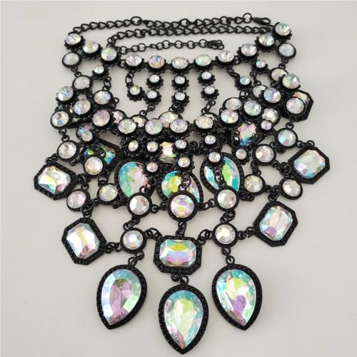 925 Sterling Silver Bib Jewelry Sets For Women - ZA Indian Ethnic Round Water Drop Crystal Tassel Necklace Earrings Jewelry Sets Statement Large, Chunky Rhinestone Necklace - color: AB Color - Bib Necklace