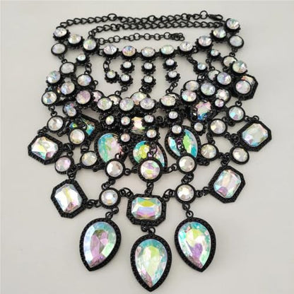 925 Sterling Silver Bib Jewelry Sets For Women - ZA Indian Ethnic Round Water Drop Crystal Tassel Necklace Earrings Jewelry Sets Statement Large, Chunky Rhinestone Necklace - color: AB Color - Bib Necklace