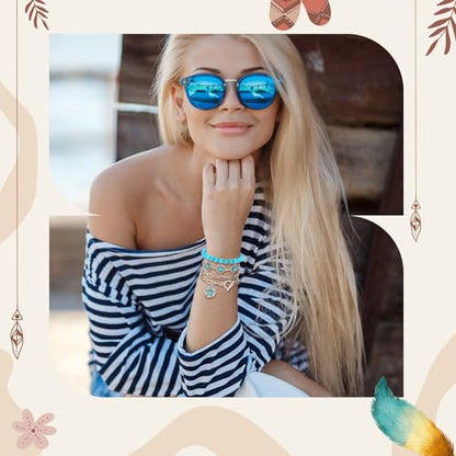 Inbagi 3 Pcs Turquoise Bracelet for Women Western Leather Jewelry for Women Silver Bohemian Beaded Stackable Bracelets Turquoise Cuff Bracelets - style: Classic