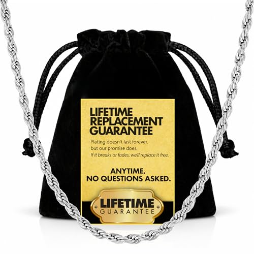 LIFETIME JEWELRY Gold Rope Chain for Men & Women - 24k Gold Necklace - Lifetime Replacement - Diamond Cut Real Gold Plated Chain - Heavy Duty Clasp - 3mm - color: White Gold, size: 20 inches
