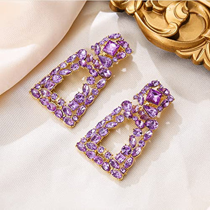Flyonce Rectangle Clip-on Drop Earrings for Women, Sparkly Rhinestone Crystal Geometric Statement Non Pierced Earring Wedding Prom Party Jewelry for Brides Bridesmaid - color: Lavender Purple