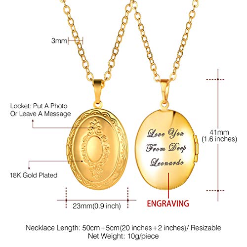 U7 Custom Photo Locket Necklace - Oval & Heart Shaped Locket - Gold/Silver/Rose Gold Personalized Image Necklaces for Women - color: 01-Oval Gold, style: b. locket+text