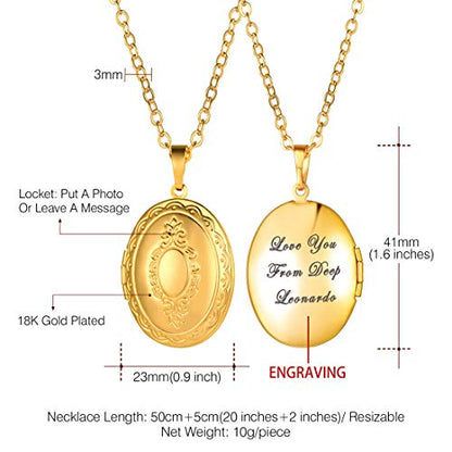 U7 Custom Photo Locket Necklace - Oval & Heart Shaped Locket - Gold/Silver/Rose Gold Personalized Image Necklaces for Women - color: 01-Oval Gold, style: b. locket+text