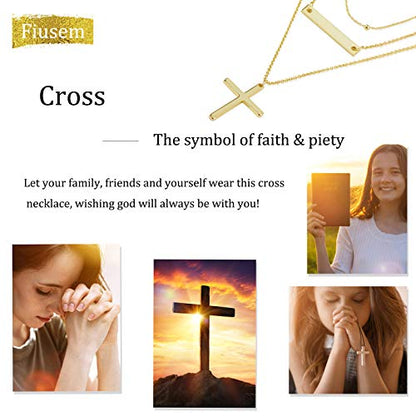 Fiusem Gold Plated Layered Necklaces for Women, Dainty 14K Gold Plated Pendant Necklace and Choker Necklaces for Women - style: B-Layered Cross