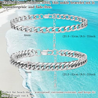 2PCS Ankle Bracelets for Women - Gold/Silver Plated Stainless Steel Anklets Set - Waterproof Layered Cuban Link Chain Anklet Bracelet Summer Beach Foot Jewelry Gifts for Women - color: Style 2-Silver