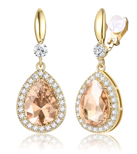 THUNARAZ Clip on Dangle Earrings for Women, Rhinestone Wedding Prom Jewelry | Clip Earrings Non-Pierced, Teardrop Dangle Earrings, Crystal Drop Earrings, Elegant Rhinestone Jewelry for Bride Bridesmaid - color: Gold Tone/Champagne Stone