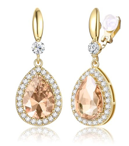 THUNARAZ Clip on Dangle Earrings for Women, Rhinestone Wedding Prom Jewelry | Clip Earrings Non-Pierced, Teardrop Dangle Earrings, Crystal Drop Earrings, Elegant Rhinestone Jewelry for Bride Bridesmaid - color: Gold Tone/Champagne Stone