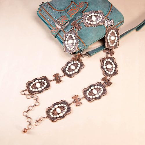 Montana West Rustic Couture's Turquoise Western Concho Chain Belt for Women | Large Western Cowgirl Metal Adjustable Boho Body Chain Belt for Dresses Jeans Country Concert - color: Concho White