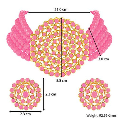 Aheli Pearl Diamond Choker Necklace & Round Earrings Gift for Women Indian Traditional Bollywood Fashion Bharatanatyam jewellery set - color: Pink