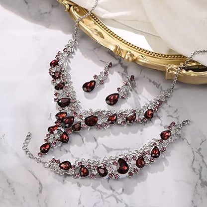 BriLove Women's Wedding Bridal Austrian Crystal Teardrop Flower Cluster Statement Necklace Dangle Earrings Jewelry Set for Party Prom - color: 3Pcs-Deep Amethyst Color Silver-Tone