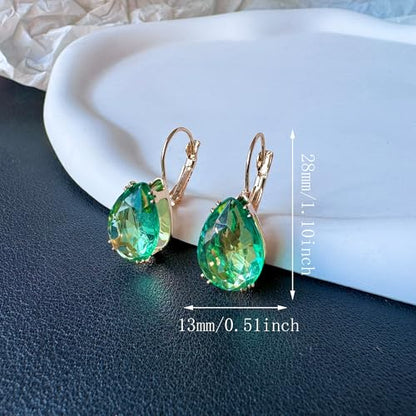 14K Gold Teardrop Crystal Leverback Earrings Sparkly Rhinestone Water Droplet Dangle Drop Earrings For Women - color: Grass Green
